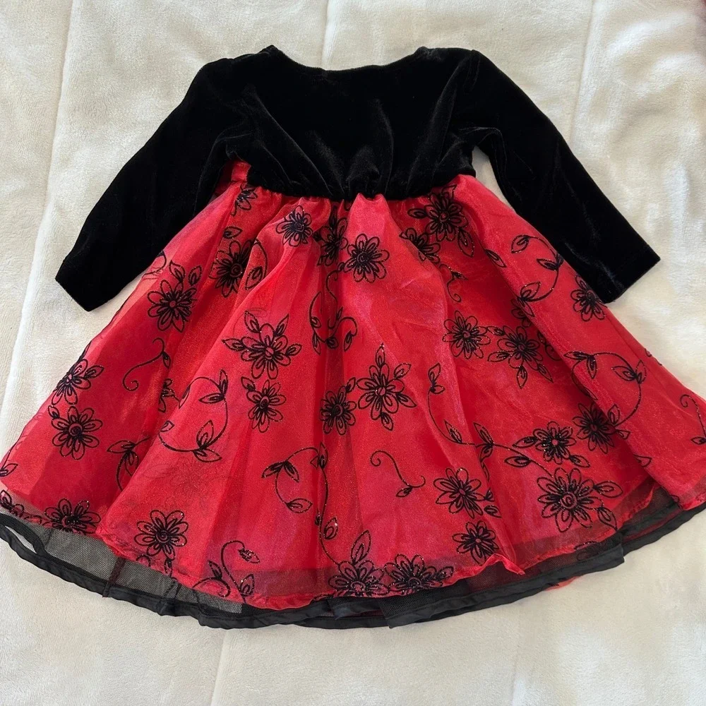 Blueberry Boulevard Red Black Velvet Flower‎ Dress Toddler Girl 18M